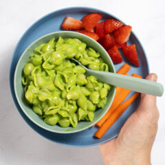 My hand holding a blue kids plate with a lighter blue bowl full of green spinach mac and cheese for kids. Also on the plate is cut carrots and chunks of strawberries.